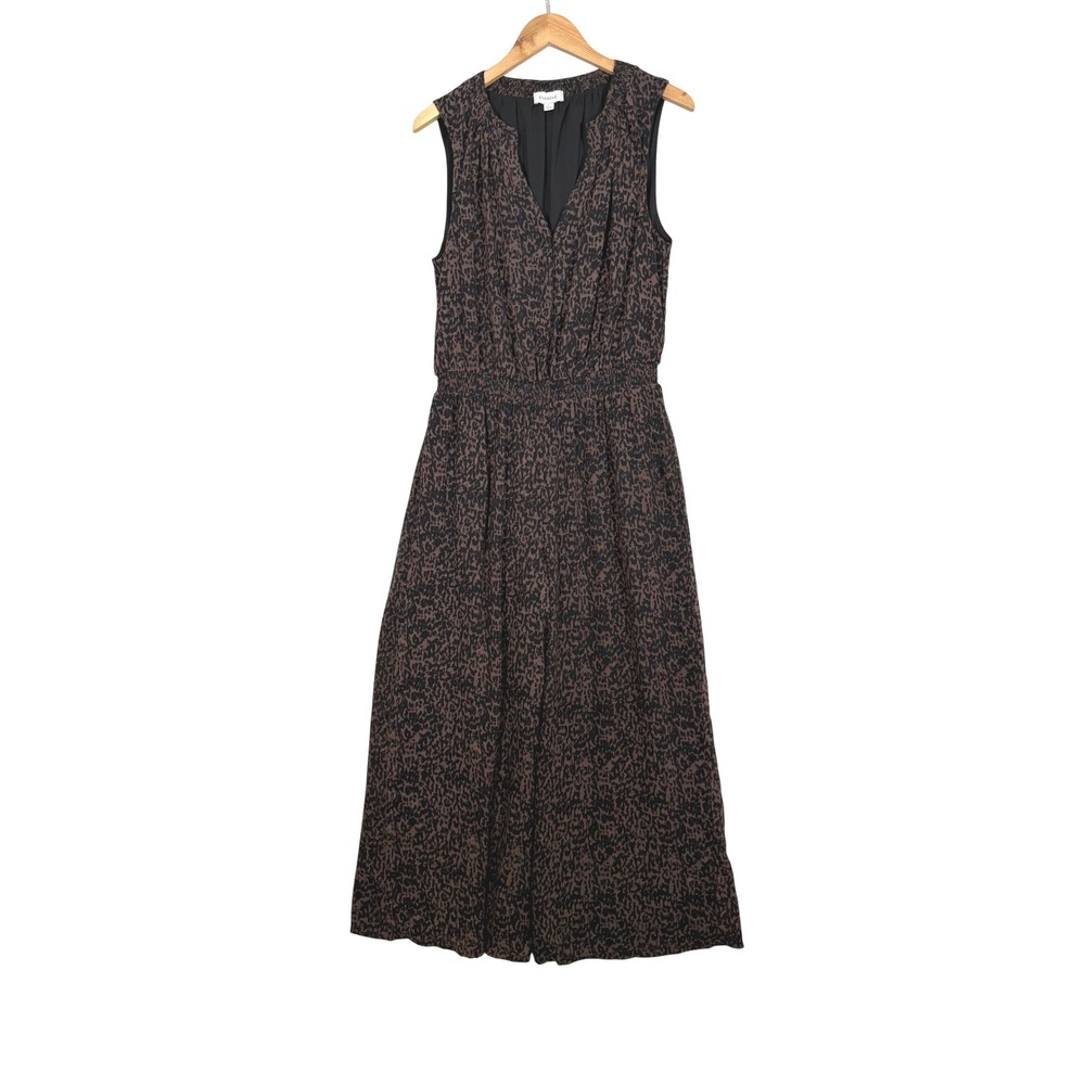 Evereve Leopard Print Jumpsuit Women Large Brown Sleeveless V-Neck Elastic Waist